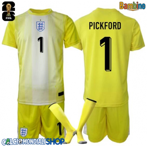 Maglie da calcio Inghilterra Giordania Pickford #1 Portiere Seconda Maglia Bambino Mondiali 2026  Manica Corta + Pantaloni corti)
